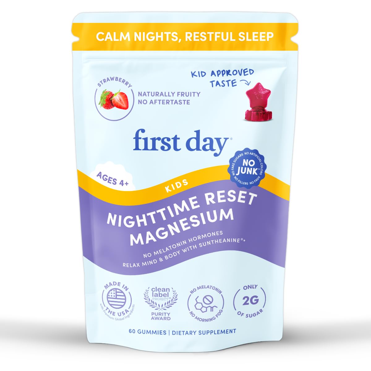 FIRST DAY Kids Magnesium Citrate Gummies (Ages 4+) with No Melatonin | Calm Kids Magnesium Gummies | Bedtime Supplement for Better Sleep with Suntheanine FIRST DAYUS supplements