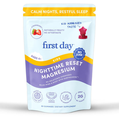 FIRST DAY Kids Magnesium Citrate Gummies (Ages 4+) with No Melatonin | Calm Kids Magnesium Gummies | Bedtime Supplement for Better Sleep with Suntheanine FIRST DAYUS supplements