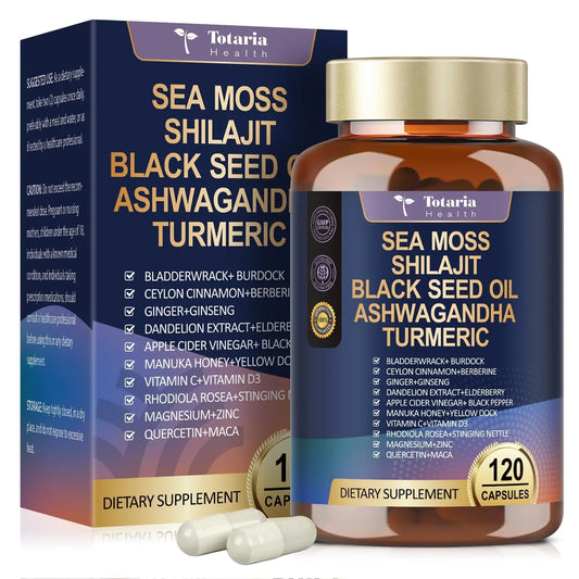 25-in-1 Sea Moss Black Seed Oil Ashwagandha Ginger Shilajit Supplement, Sea Moss Capsules Pro with Bladder Burdock Ceylon Cinnamon Berberine ACV Manuka VIT C & D3 for Men Women, 120 Vegan Caps TotariaAU supplements