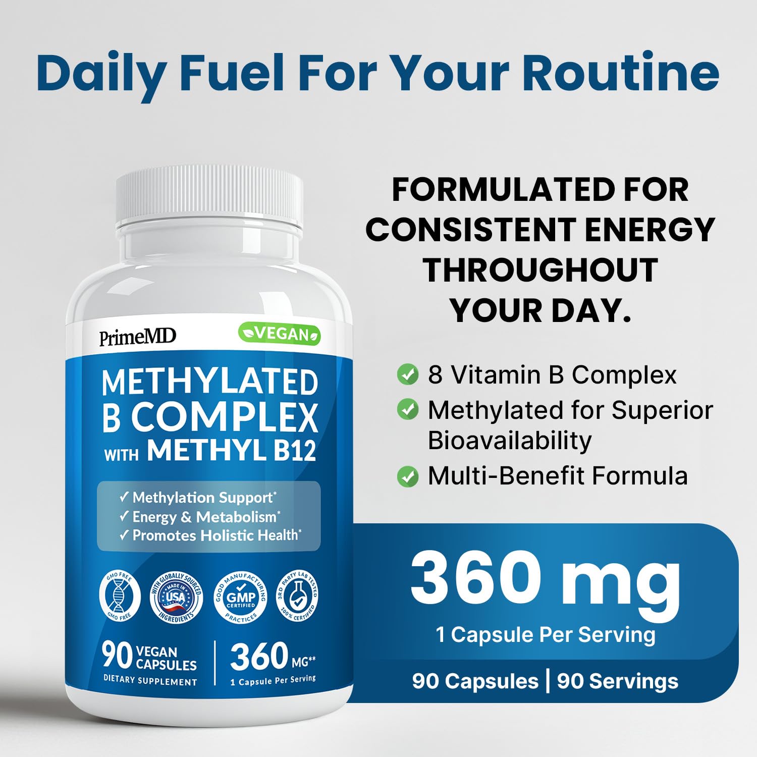 Methylated B Complex with Methylfolate and B12 Methylcobalamin 1000 mcg - Methylated Multivitamin for Energy, Brain Function, and Wellness - Vitamin B Complex for Men & Women (90 Servings) (Pack of 1) PrimeMD Au supplements