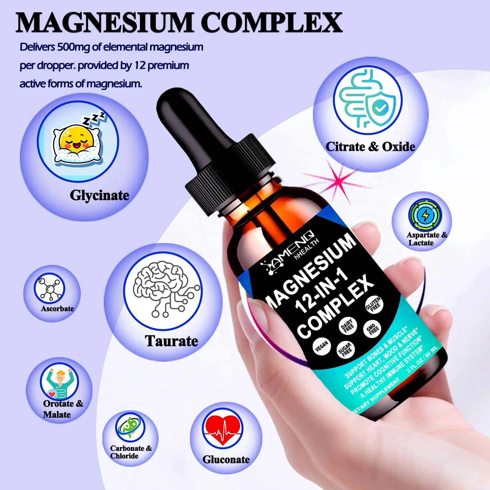 Magnesium 12 in 1 Complex Liquid Drops Magnesium Supplement w. Glycinate Citrate Malate Taurate Oxide Aspartate Orotate, Calm Magnesium for Sleep Muscle Heart Support丨Max Absorption Liquid Formula AMENQ hHEALTH Au supplements
