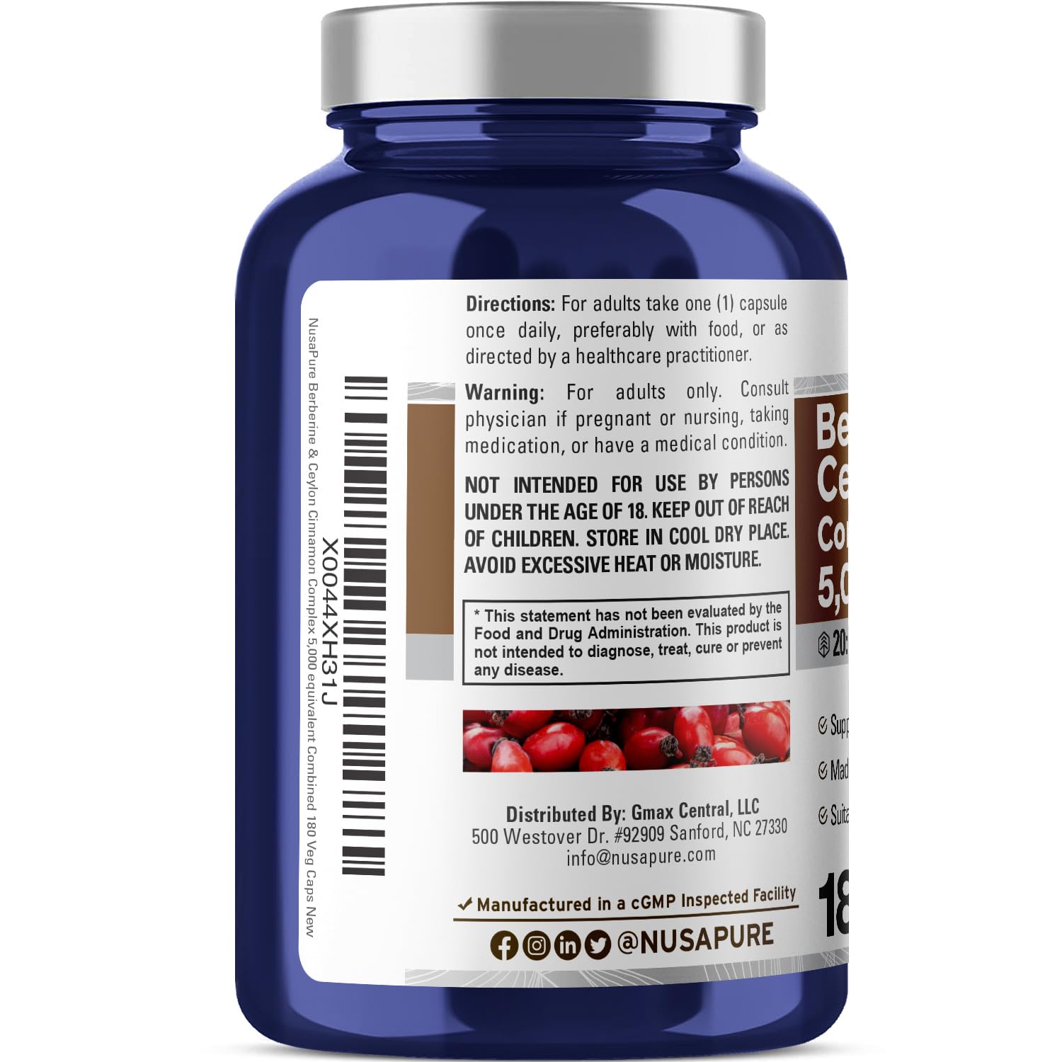 NusaPure Berberine with Ceylon Cinnamon 20:1 Extract, 250 mg Equivalent to 5000mg 180 Veggie Capsules, Vegetarian, Non-GMO Supplement, (Berberine Complex) NusaPure Au supplements