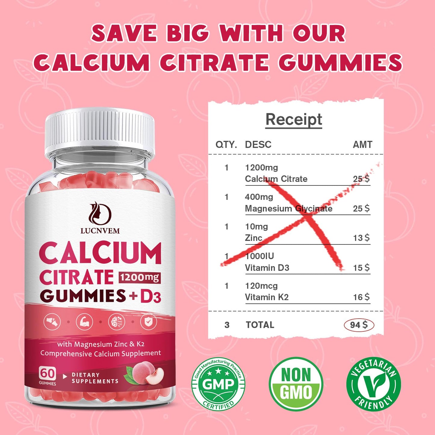 (2 Pack) Calcium Citrate 1200mg with Vitamin D3 Supplements Gummies for Women & Men, Calcium Gummies with Vitamin D3 K2, High Absorption LUCNVEMUS supplements