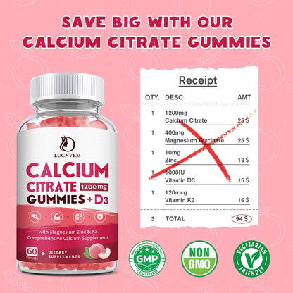 (2 Pack) Calcium Citrate 1200mg with Vitamin D3 Supplements Gummies for Women & Men, Calcium Gummies with Vitamin D3 K2, High Absorption LUCNVEMUS supplements
