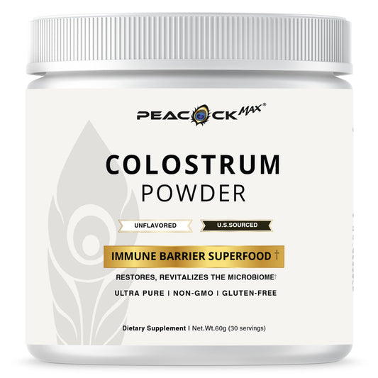 Peacock Max Colostrum Powder – 60g (30 Servings), Unflavored Bovine Colostrum Supplement, Superfood for Hair, Skin & Gut Health, Gluten-Free, Non-GMO Peacock MaxAu supplements