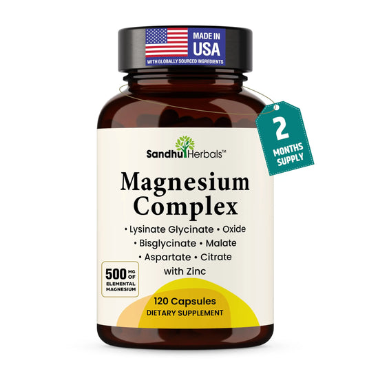 Complete Magnesium Complex 500mg for Women & Men | 120 Capsules | 6 in 1 Mag Supplement with Zinc | Quality Sleep & Muscle Health | Glycinate, Citrate SANDHUHERBALSAU supplements