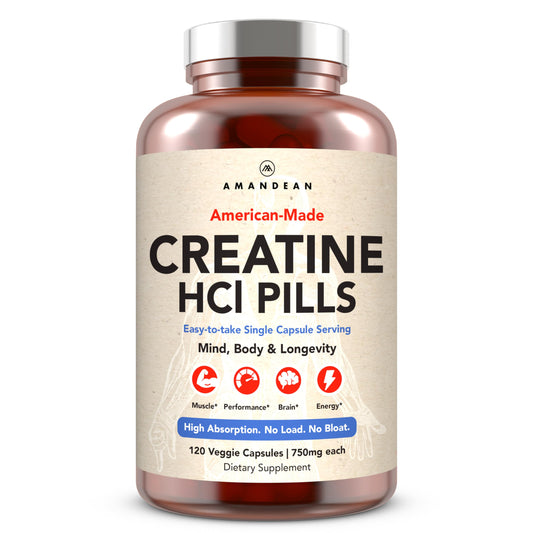 AMANDEAN Creatine HCl Pills. American Made CON-CRET. 120 Capsules. 7X Concentrated. No Bloat. Muscle, Energy, Cognitive, Recovery Support for Men & Women. Gluten Free, Non-GMO. AMANDEANUS supplements