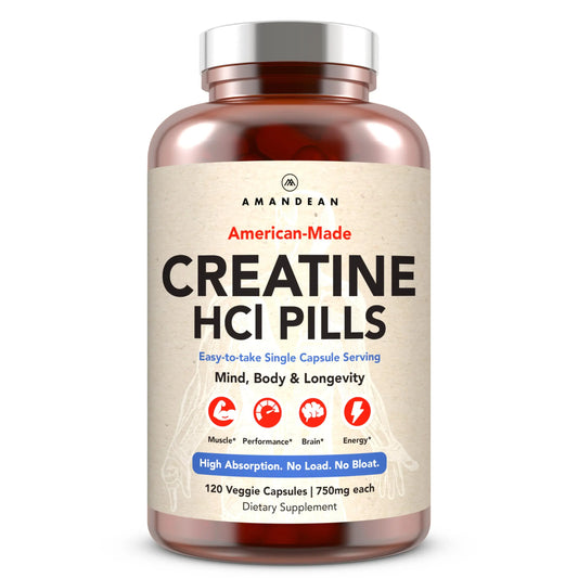 AMANDEAN Creatine HCl Pills. American Made CON-CRET. 120 Capsules. 7X Concentrated vs Monohydrate Powder. No Bloat. Muscle, Energy, Cognitive, Recovery Support for Men & Women. Gluten Free, Non-GMO. AMANDEANAU supplements