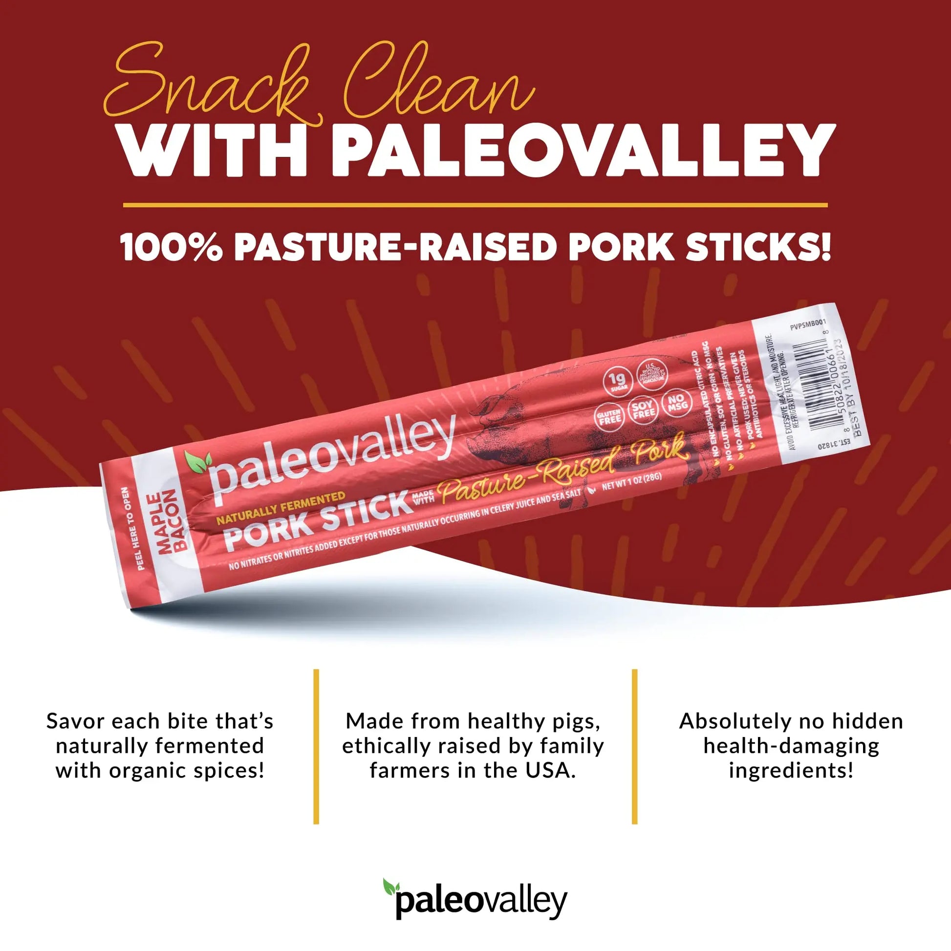 Paleovalley Pasture-Raised Pork Sticks - Maple Bacon Flavor Meat Sticks Individually Wrapped, 28g - 10 Sticks - Gluten-Free Protein Snack Paleovalley Au supplements