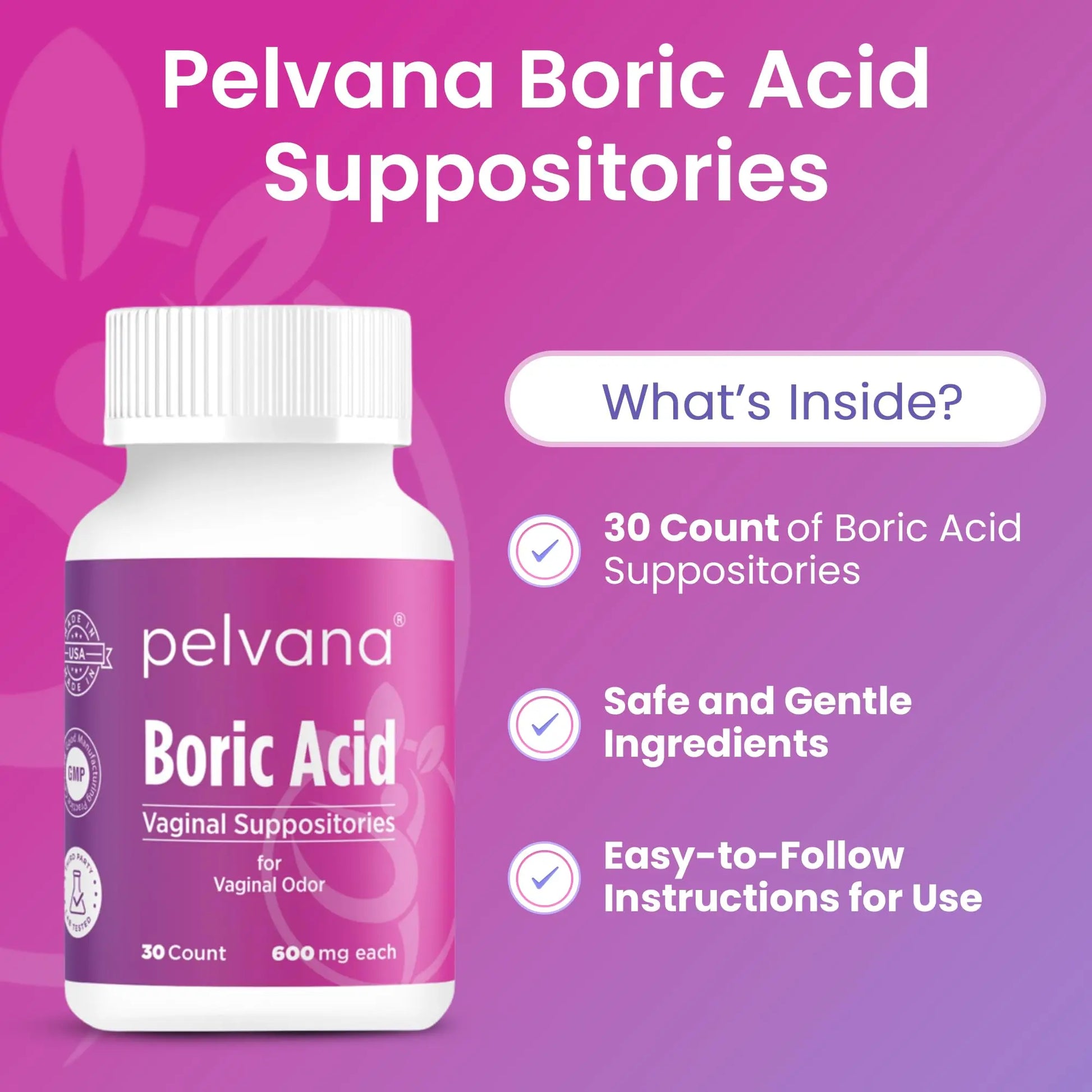 Pelvana Boric Acid Suppositories for Women - 30 Count - 600mg Boric Acid Capsules for Vaginal Odor Use Pelvana Au supplements