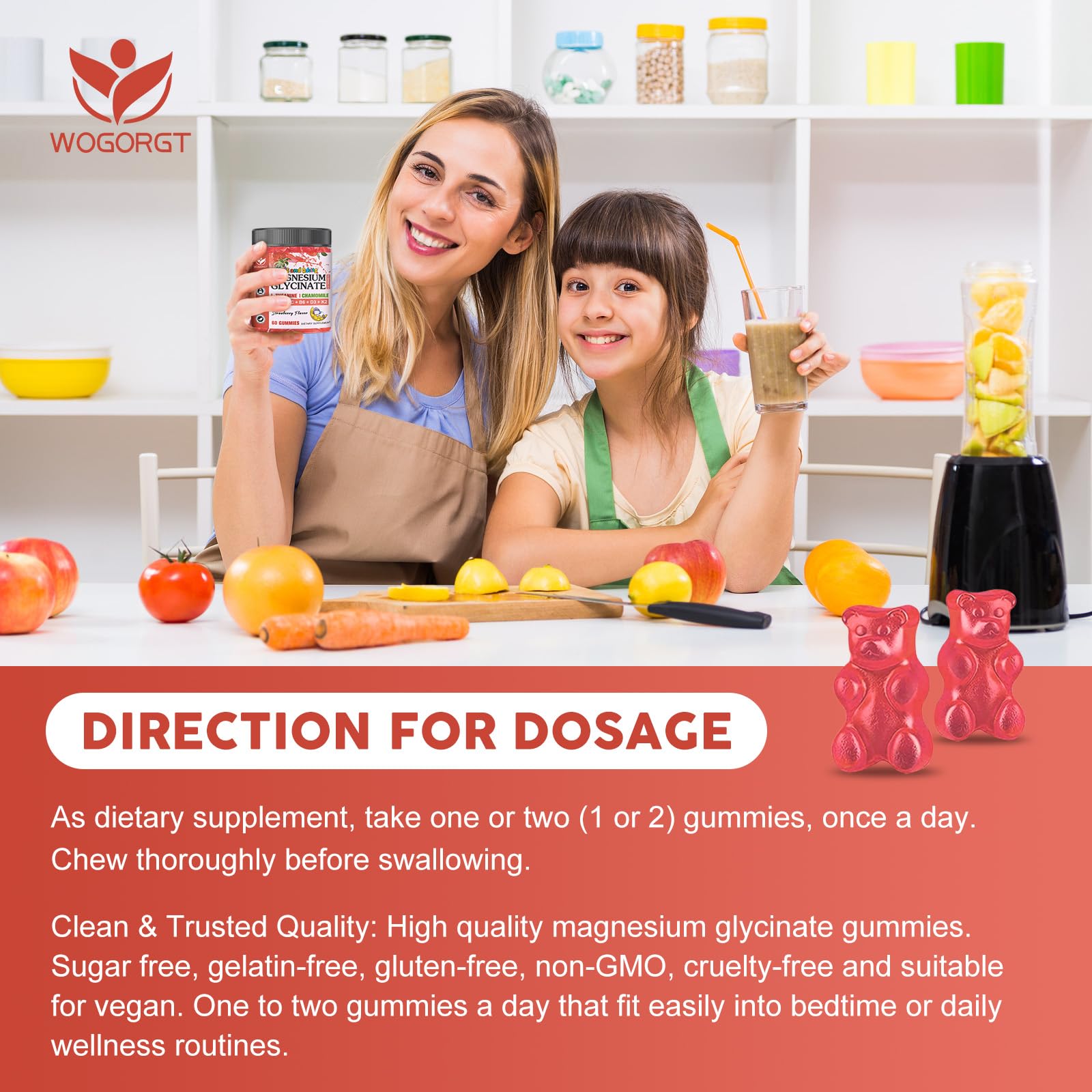 Magnesium Glycinate Gummies for Kids & Adults - Relaxation & Cognition Support - 400/200mg Magnesium Supplement with L-Theanine, Chamomile, B6, D3 & K2 - Vegan, Sugar Free, Strawberry Flavor, 60 Ct WOGORGT Au supplements