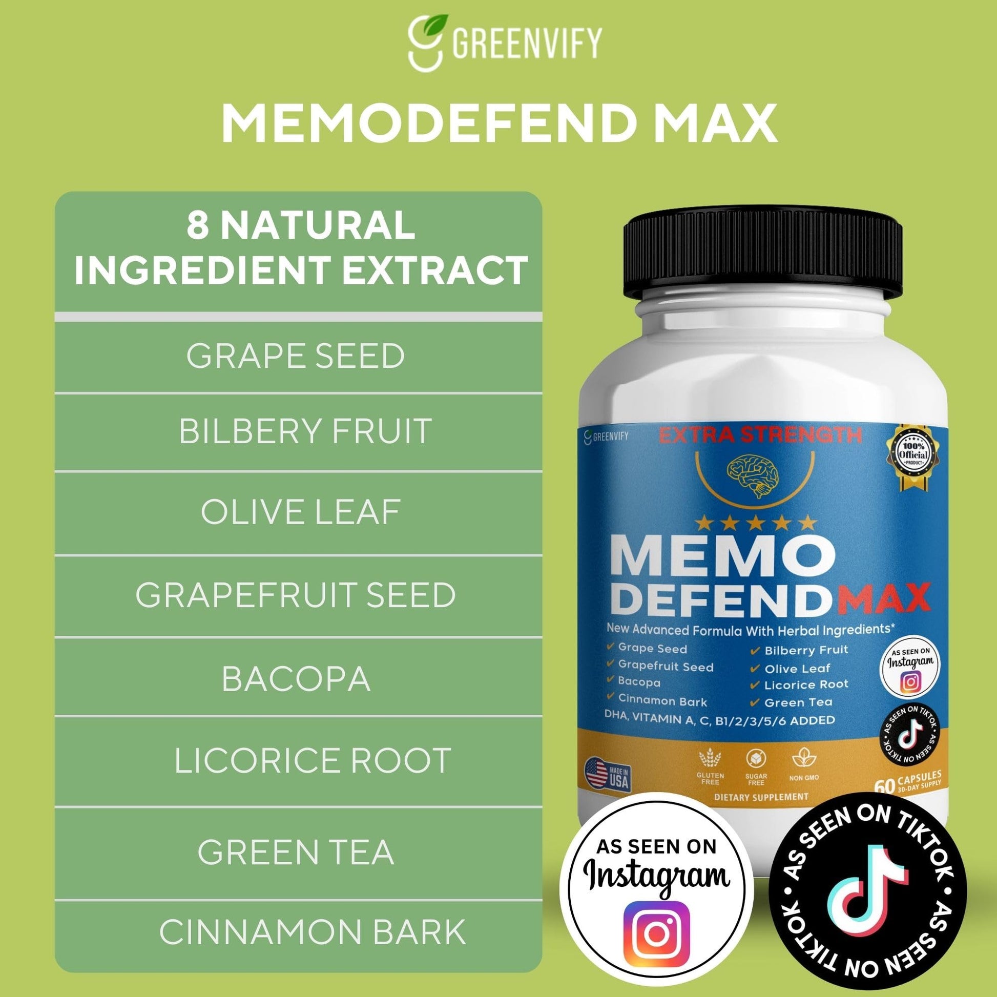 Memo Defend Max Memory Support Supplement, 60 Capsules, with Vitamins A C D E B Complex, DHA, Bacopa, Grapefruit Seed (1) GREENVIFY Au supplements