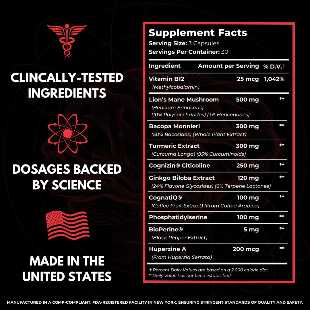 All-Natural Brain Supplement for Memory and Focus - Caffeine-Free Long-Term Cognitive Support - 10 Nootropic Ingredients Including Lion’s Mane, Bacopa, Turmeric, Ginkgo & Huperzine A - 90 Capsules HUMBLEROOTS PERFORMANCE Au supplements