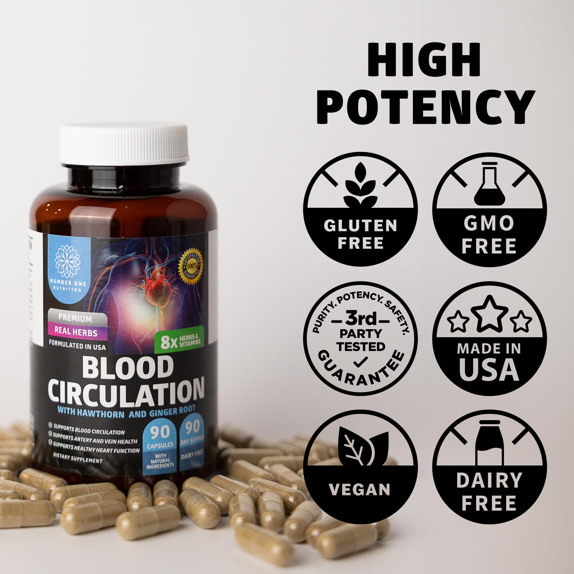 Number One Nutrition Premium Blood Circulation Supplement for Women and Men [8 Powerful Herbs & Vitamins] All Natural Blood Flow Supplement with Hawthorn, Butchers Broom and Cayenne Pepper, 90 Caps Number One Nutrition Au supplements