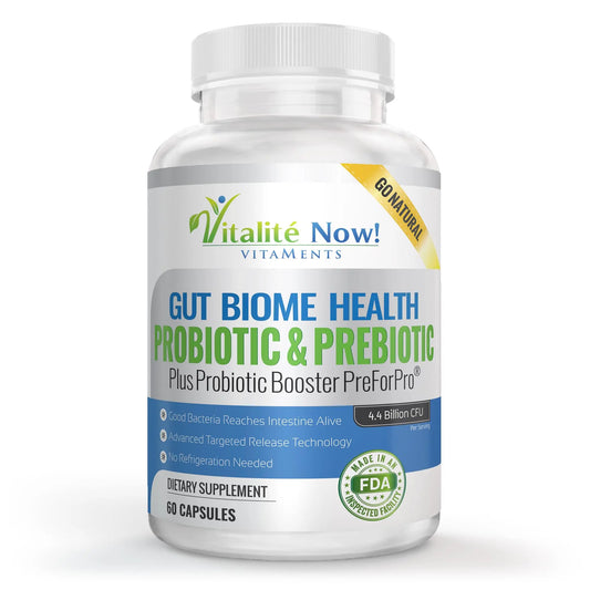 Premium Probiotic plus Ultimate Prebiotic - Gut Biome Builder & Restoration - 4.4 Bn CFU - Best for Women & Men - Bacteria Reaches Intestine within Hours Vitalité Now!AU supplements