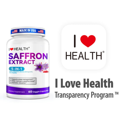 I LOVE HEALTH Saffron Supplement – 88.5mg with Magnesium Glycinate, Ashwagandha & L-Theanine for Stress Relief, Calm Mood & Emotional Balance – Made in USA – 60 Capsules I LOVE HEALTH buy supplements Au