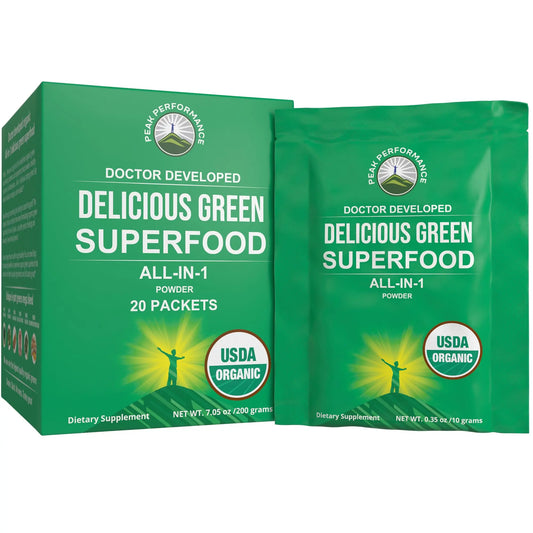 Peak Performance Organic Greens Superfood Powder Single Serve Travel Packets. Best Tasting Organic Green Juice Super Food with 25+ All Natural Ingredients for Max Energy. (20 Pack) Peak PerformanceAU supplements