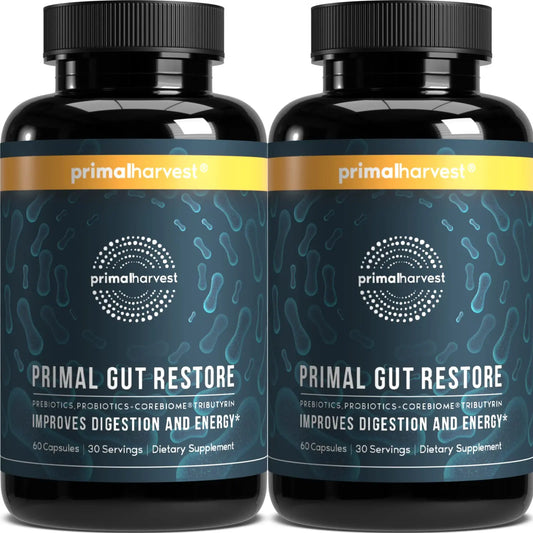 Primal Harvest 2 Pack, Restore for Gut Health, Primal Gut Restore w/POSTbiotics, PREbiotics and PRObiotics for Women and Men, 60 CT - Digestion, Primal HarvestAU supplements