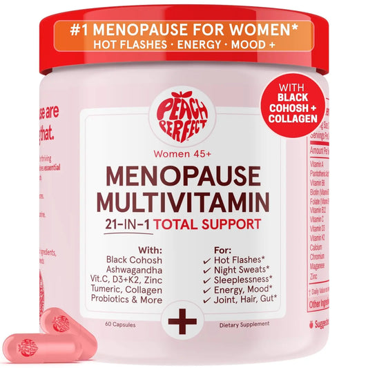 Peach Perfect Menopause Multivitamin | 21 Vitamins for Women 45+ | Black Cohosh, Ashwagandha, Vitamin D3+K2, Probiotics & Collagen | Support for Hot Flashes, Mood Swings, Joint & Skin Health | 30 SVG Peach PerfectAU supplements