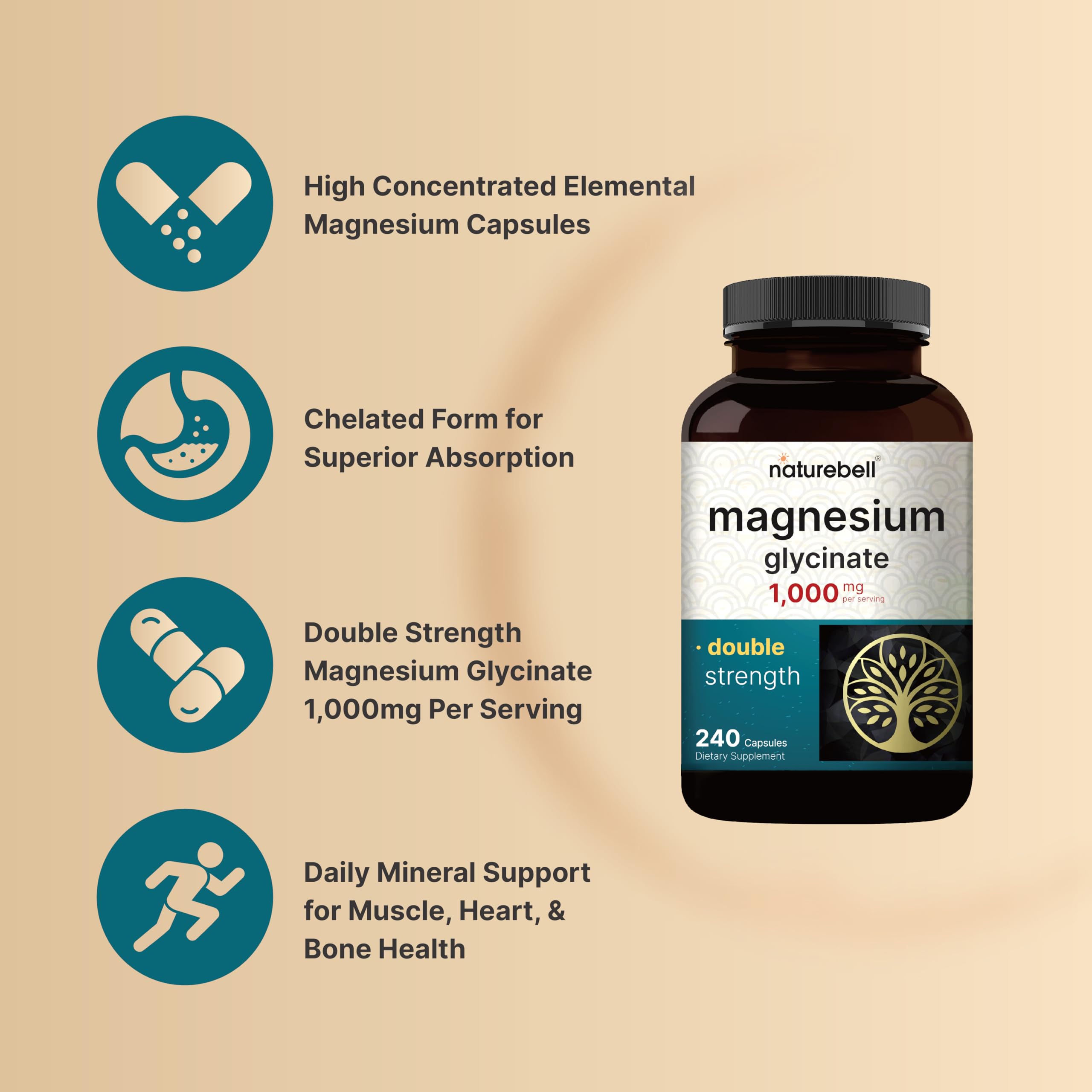 Magnesium Glycinate Supplement 1,000mg | 500mg Per Capsule, 240 Pills NatureBell Au supplements