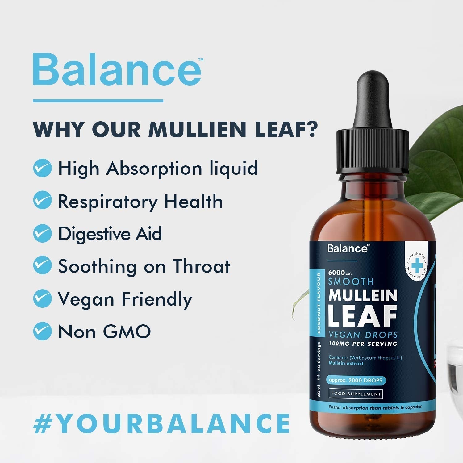 Balance Mullein Leaf Liquid Drops - 60ml for 2 Month Supply - High Strength - Vegan Balance Au supplements