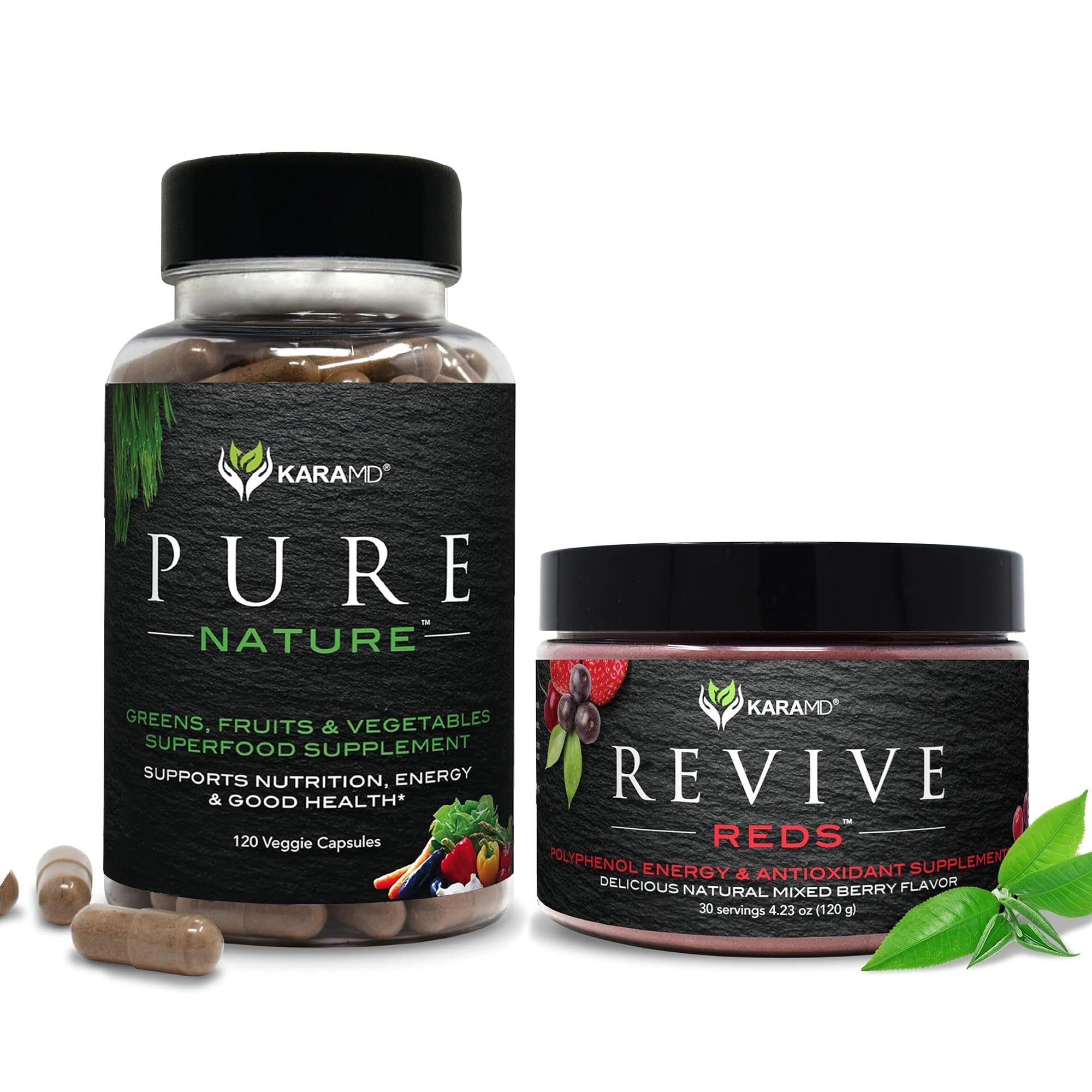 KaraMD Pure Nature Greens Whole Food Supplement & Revive Reds Polyphenol Energy Booster | Antioxidants, Shilajit & Enzymes | Vegan Friendly, Gluten Free, Non-GMO (30 Servings) KaraMD Au supplements