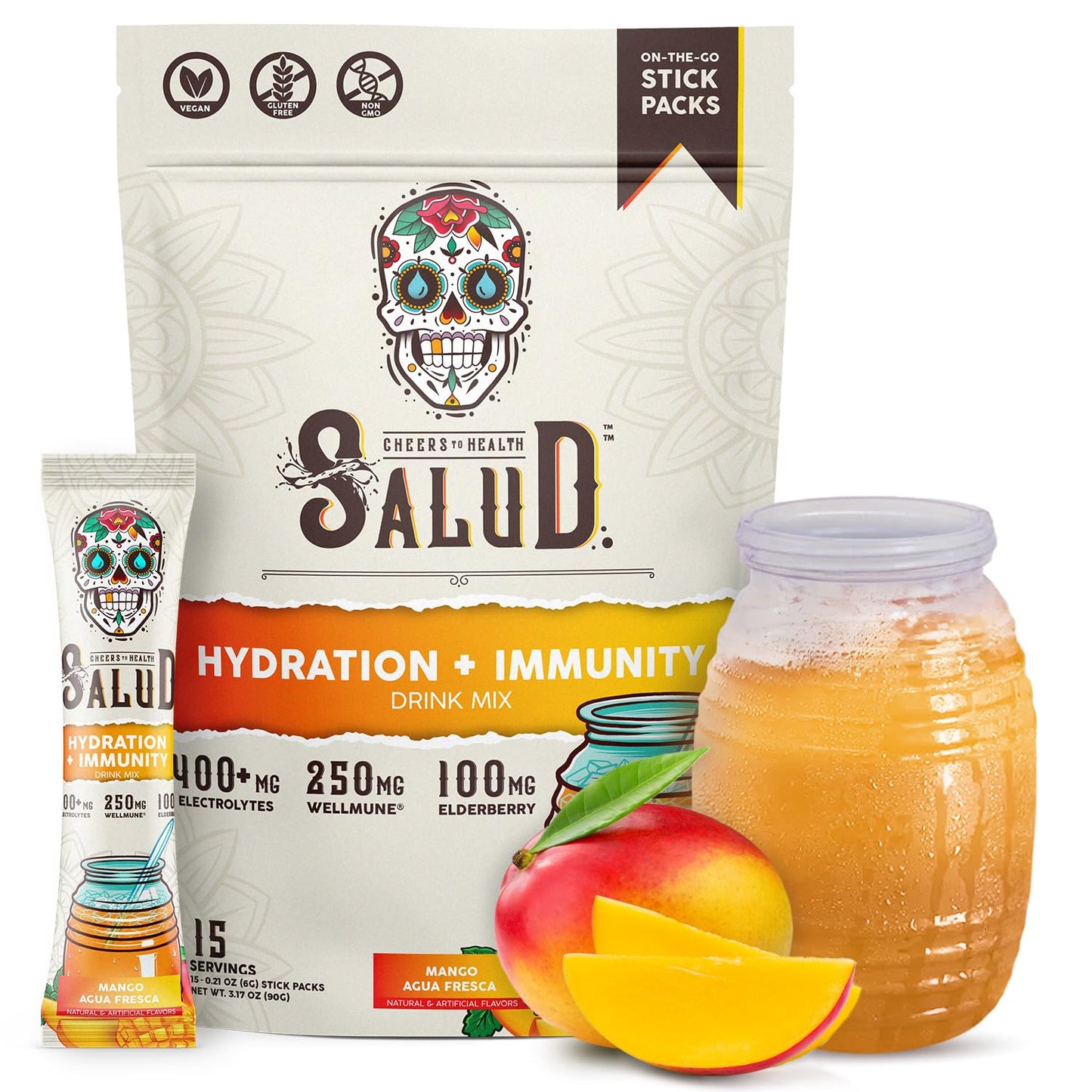 Salud 2-in-1 Hydration Packets + Immunity Electrolytes Powder, Mango - Agua Fresca Drink Mix, Elderberry, Dairy & Soy Free, Non-GMO, Gluten Free, Taste SaludUS supplements