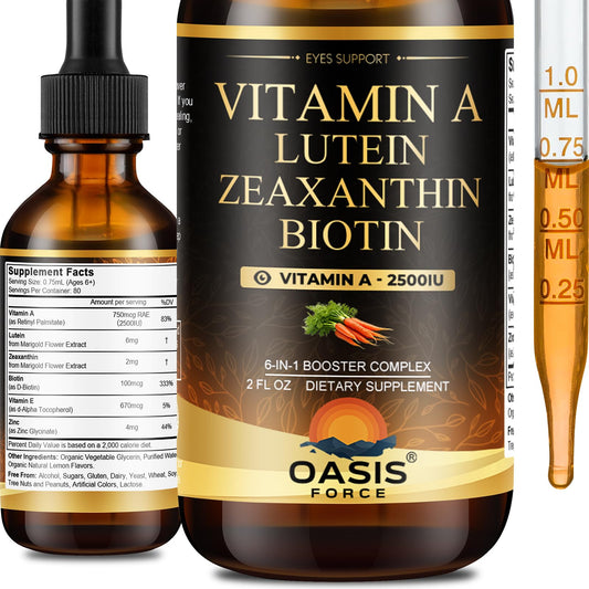 OASIS FORCE 6 in 1 Vitamin A Liquid Drops with Lutein & Zeaxanthin, Vita A Retinyl Palmitate for Skin, Vision & Immune Support, Adults & Kids Ages 6+, Vegan, Non-GMO, 2 Fl Oz OASIS FORCEAu supplements