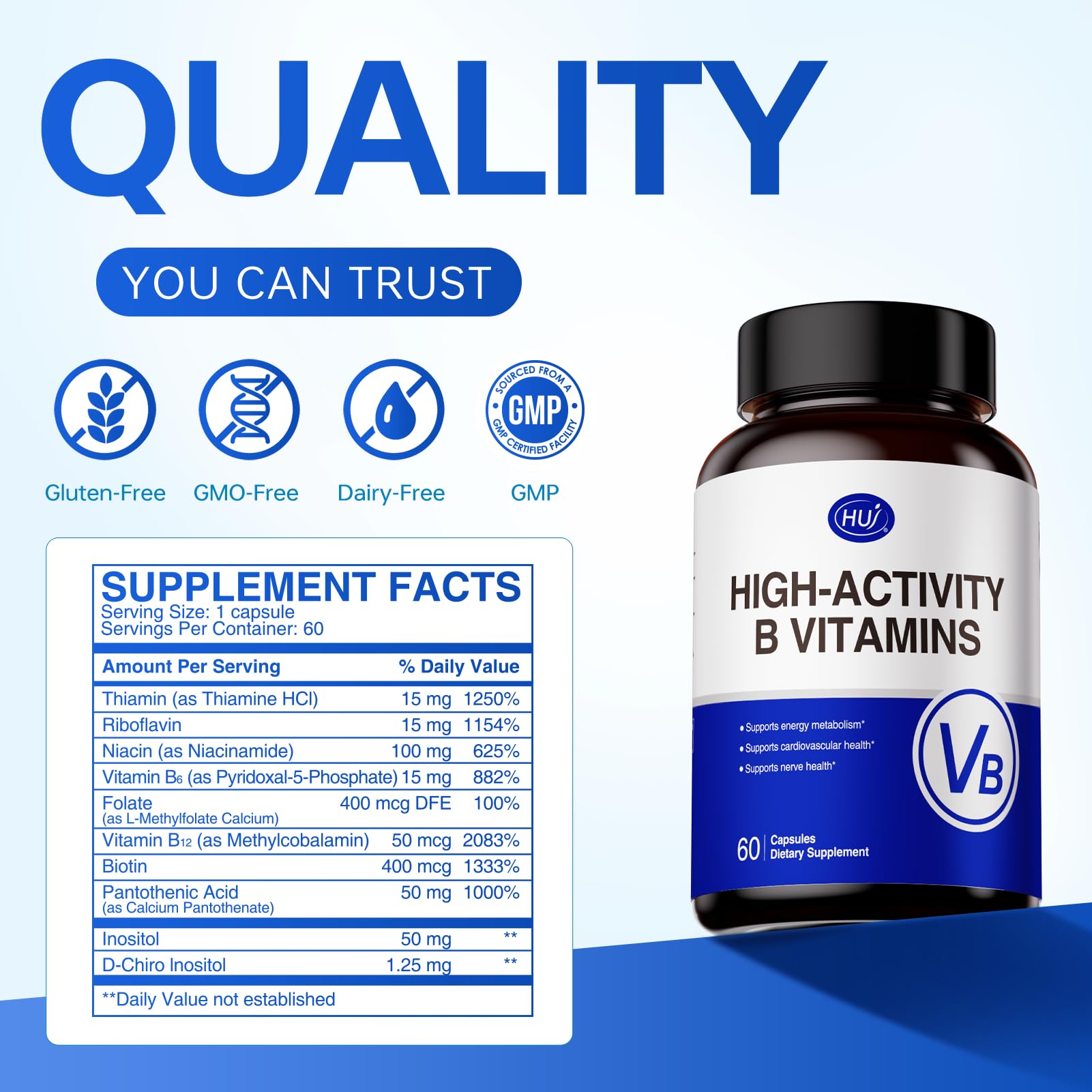 HUJ High-Activity B Vitamins - Supports Normal Energy Metabolism & Nerve System Health - Supplement with 8 B Vitamins, Inositol and D-Chiro Inositol - 60 Capsules. HUJ Au supplements