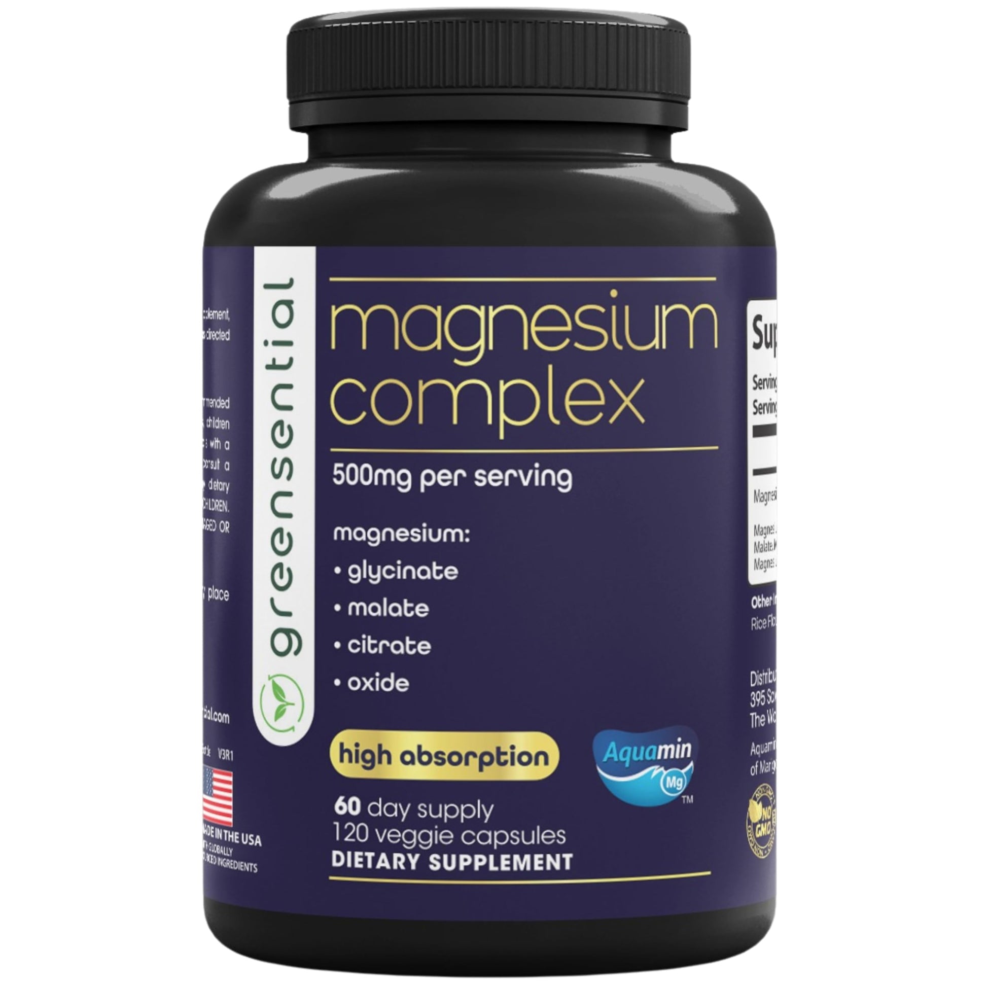 Greensential 5-in-1 Magnesium Complex 500mg | Glycinate, Malate, Citrate, Oxide & Aquamin® | for Sleep, Muscle & Heart Support | High Absorption, Vegan, 120 Capsules Greensential Au supplements