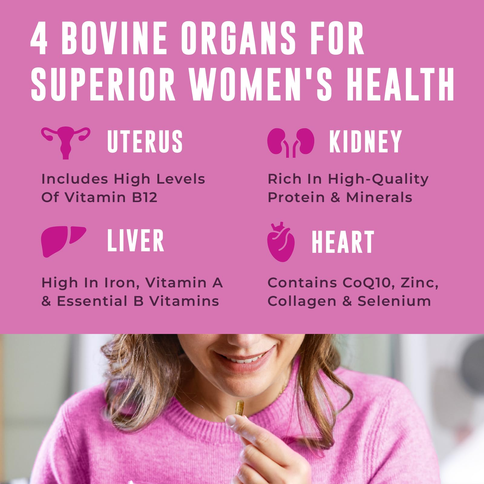 Beef Organ Supplement for Women - Beef Liver, Kidney, Heart and Uterus Tissue, Supports Women's Overall Energy and Health - Pasture Raised in New Zealand - No Fillers or Flow Agents - 120 Capsules Left Coast Performance Au supplements