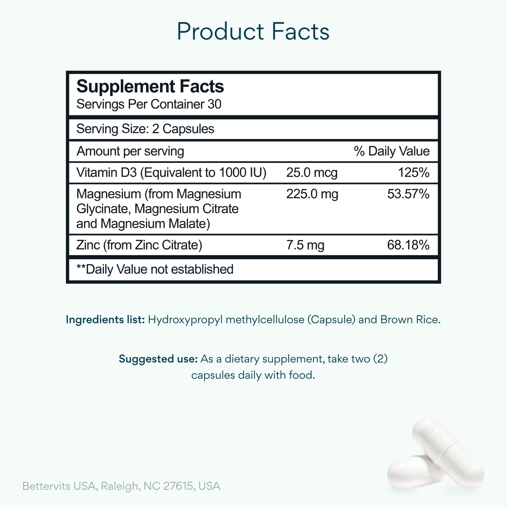 Bettervits Magnesium Glycinate Complex with Citrate Malate Zinc & Vitamin D3 | High Absorption Pure Magnesium 225mg Supplement Chelated Formula for Muscle Relaxation, Sleep Support – 60 Capsules Bettervits Au supplements