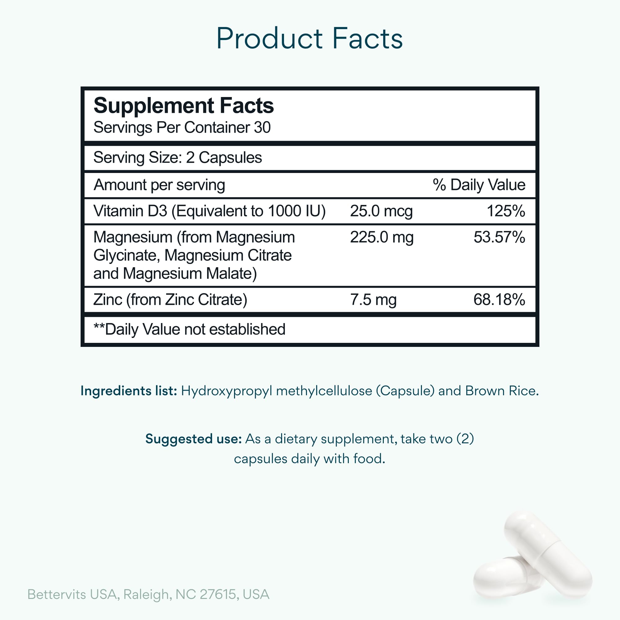 Bettervits Magnesium Glycinate Complex with Citrate Malate Zinc & Vitamin D3 | High Absorption Pure Magnesium 225mg Supplement Chelated Formula for Muscle Relaxation, Sleep Support – 60 Capsules Bettervits Au supplements
