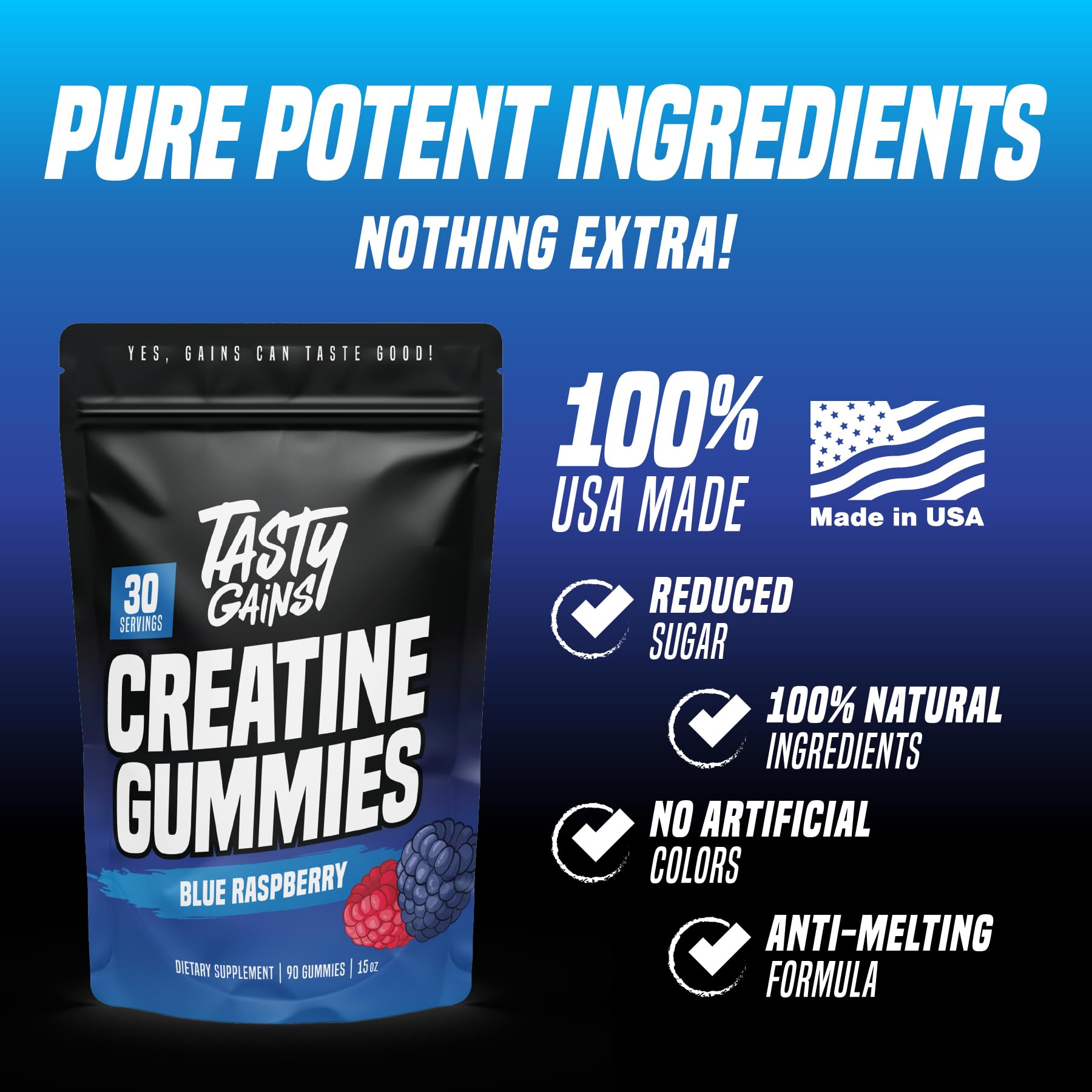 TASTY GAINS Creatine Gummies - 90g of Creatine Monohydrate - Workout Supplements - Build Muscle & Boost Strength for Men & Women - Made in USA - Non GMO - Vegan Friendly (Large, Blue Raspberry) TASTY GAINS Au supplements