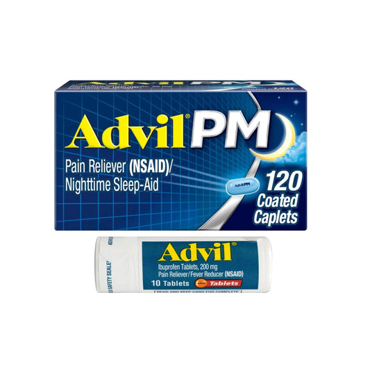 Advil PM Pain Reliever and Nighttime Sleep Aid, Ibuprofen for Pain Relief and Diphenhydramine Citrate for a Sleep Aid - 120 Coated Caplets and Pain Reliever and Fever Reducer, 10 Count Tablets AdvilAu supplements