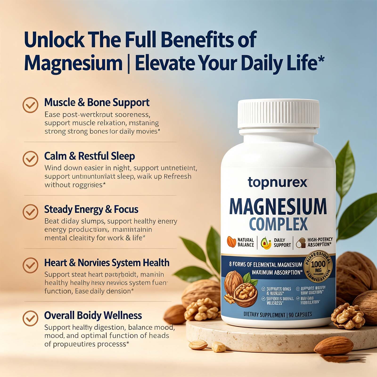 Topnurex Magnesium Complex for Women & Men - 1000mg High Absorption, 8 Essential Magnesium, 90 Capsules Topnurex Au supplements