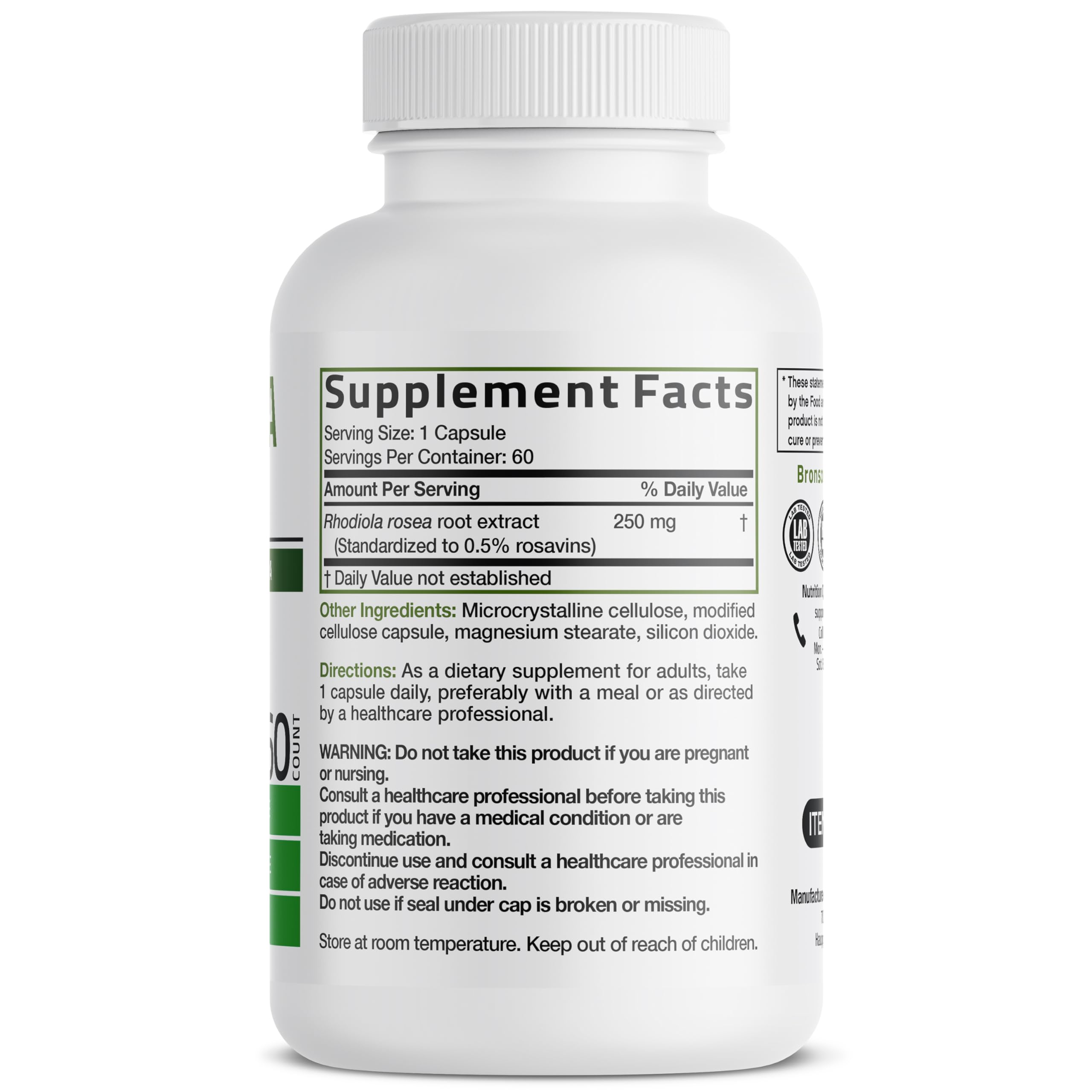 Bronson Rhodiola Rosea Vegetarian Capsules - Adaptogenic Herb - Brain, Stress & Mood Support - Non-GMO, 60 Count