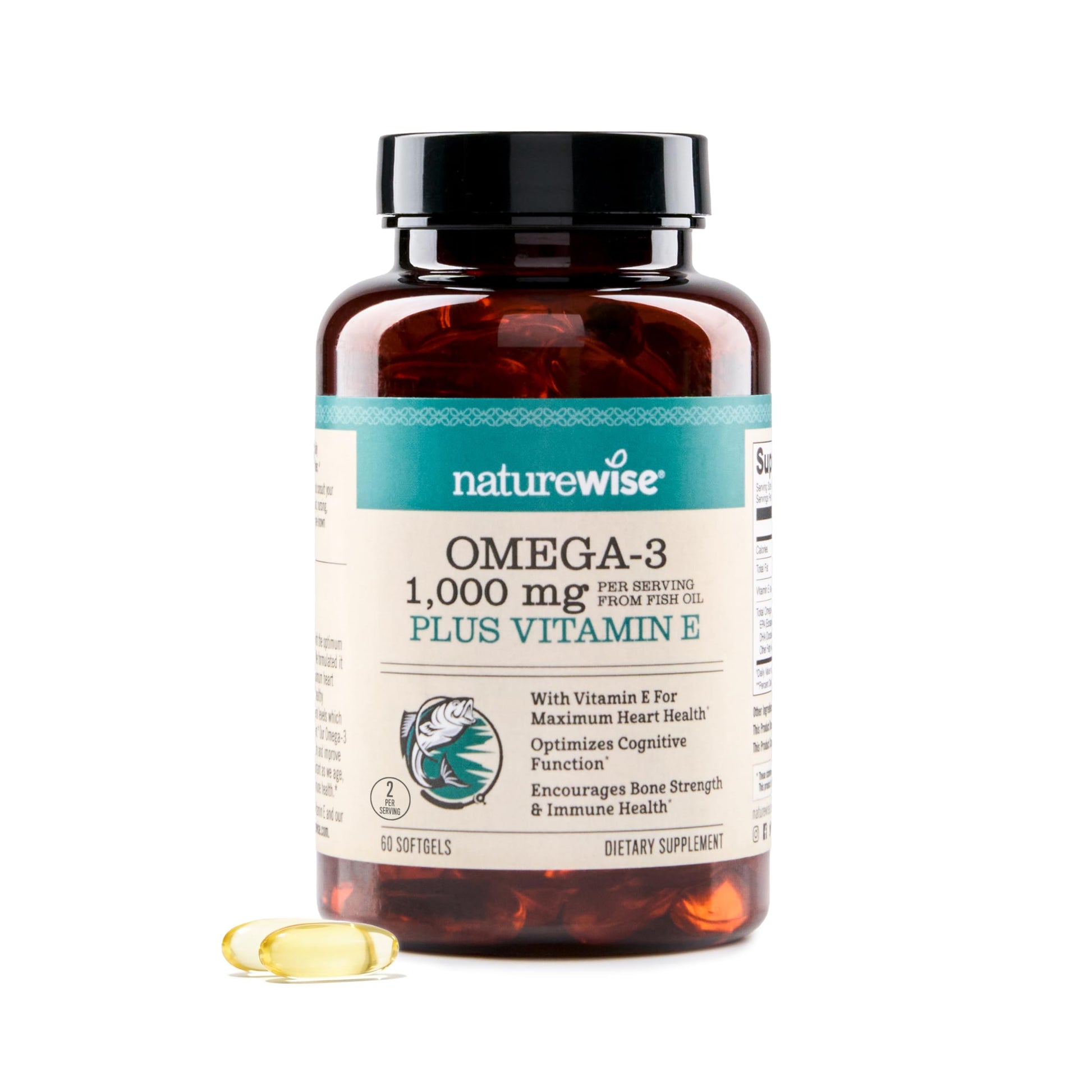 NatureWise Extra-Strength Omega 3 Fish Oil Supplement - 1000mg per Serving - 600 EPA & 400 DHA and Vitamin E - Support for Heart & Brain Health - Lemon Flavor, GMO-Free - 60 Softgels[1-Month Supply] NatureWise Au supplements