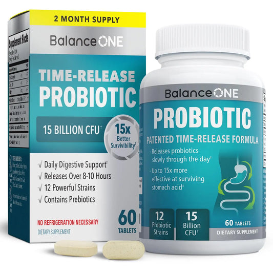 Balance ONE Time Release Probiotic – 15 Billion CFU – 12 Strains Including L. Plantarum – 15x More Survival Than Capsules – Bloating & Gas Relief – Gut & Digestive Health for Women & Men – 60 Tablets Balance ONEAU supplements