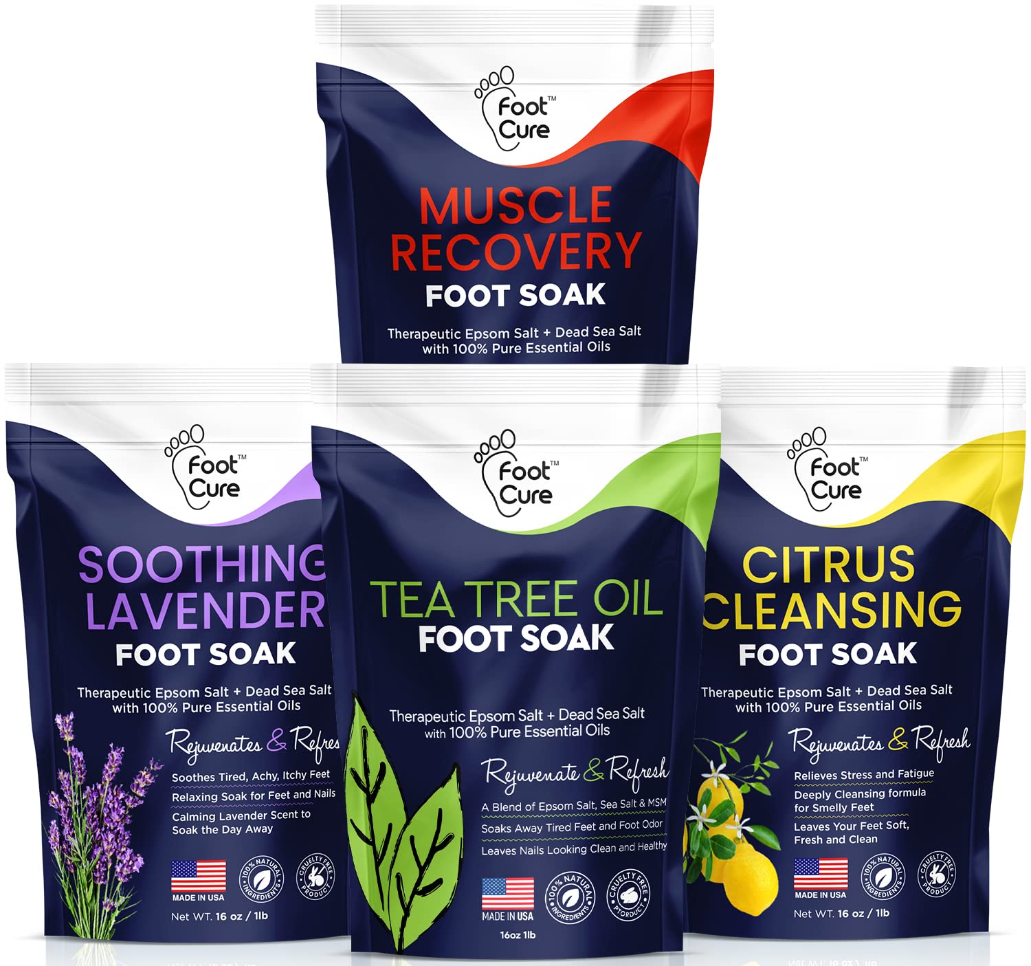 Foot Soak with Epsom Salts- Variety Pack of 4- Tea Tree Oil, Muscle Relief, Calming FOOT CURE Au supplements