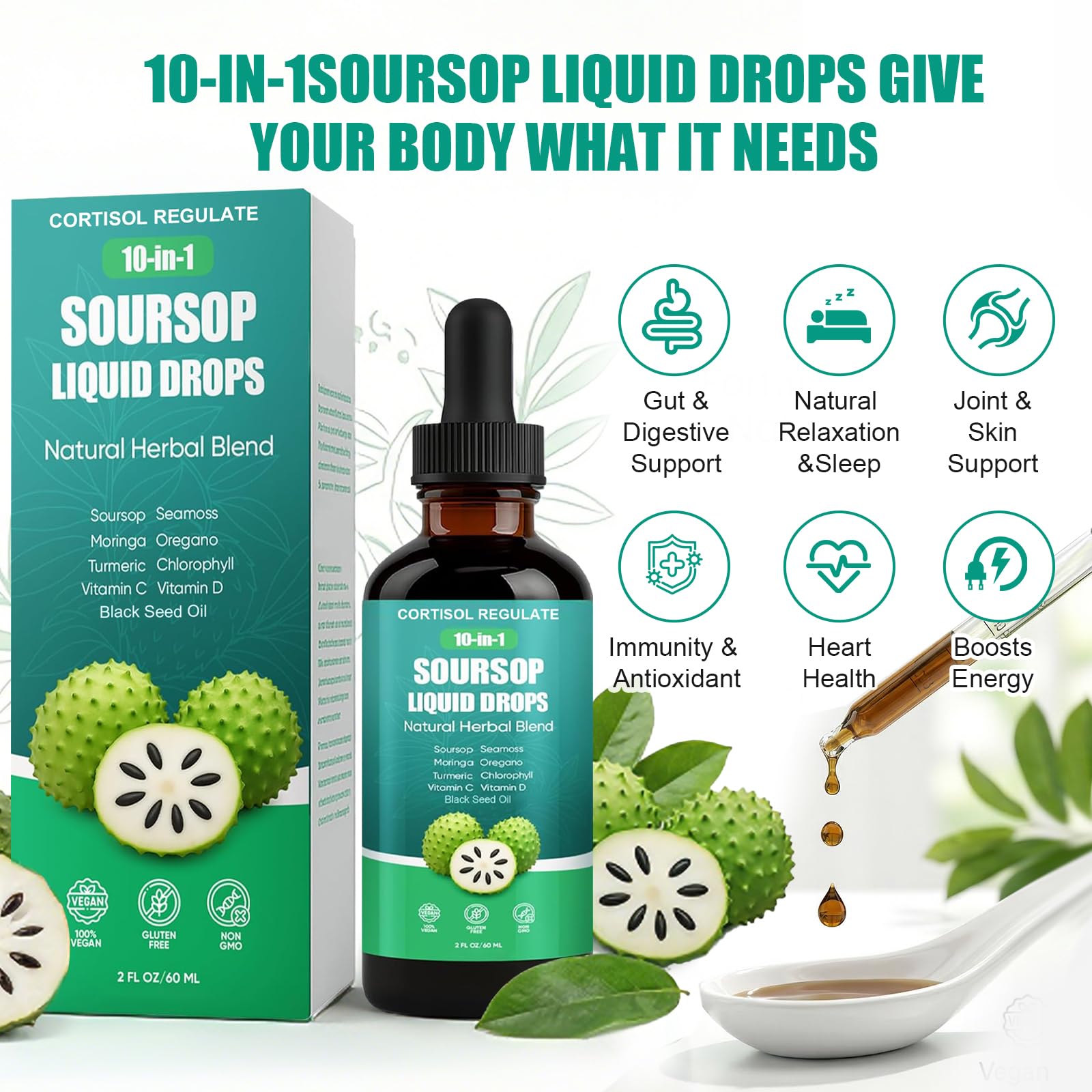 CORTISOL REGULATE Soursop Liquid Drops, 10-in-1 Blend with Sea Moss, Moringa, Turmeric, Black Seed Oil, Oregano, and More, 2 fl oz (1 Pack) CORTISOL REGULATE Au supplements