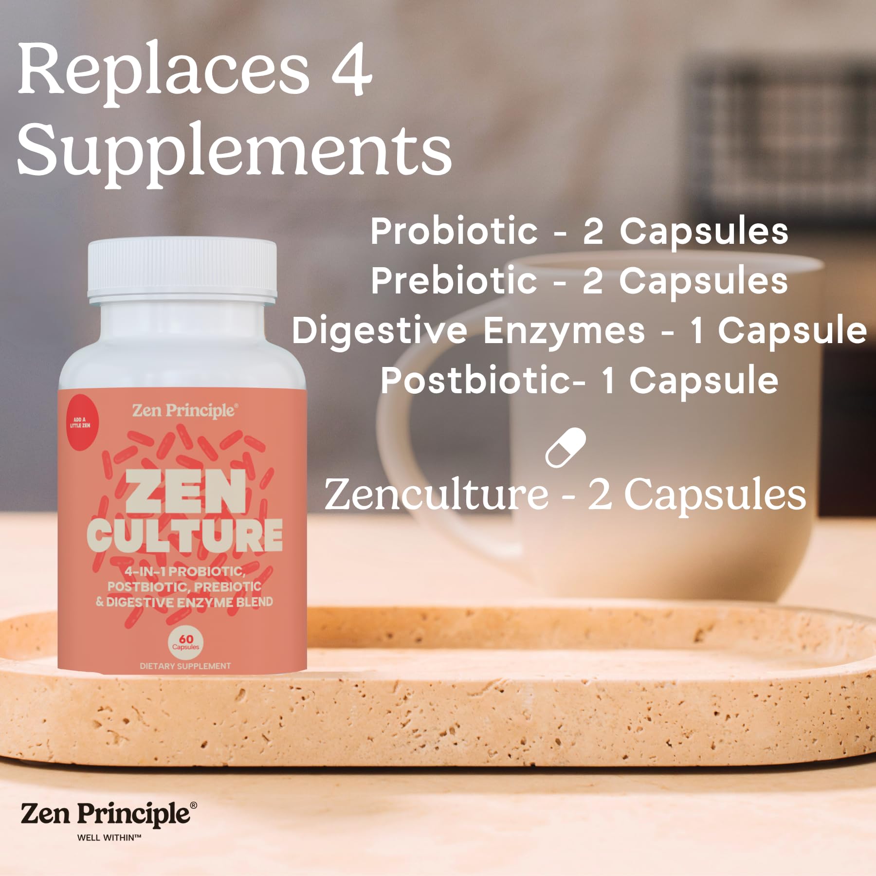 Zen Principle Zenculture™ – 4-in-1 Synbiotic Supplement (Probiotic + Prebiotic + Postbiotic + Digestive Enzymes) with CoreBiome®. Anti Bloating, Immune & Brain-Gut Health. 60 Capsules Zen Principle Au supplements
