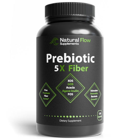 Prebiotic Fiber Supplement 5-in-1 Capsules - Natural Flow 5X Fiber XOS, GOS, FOS, Acacia and Agave Inulin, Daily Soluble Fiber Formula for Gut Support Natural Flow SupplementsUS supplements