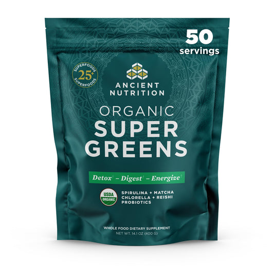 Ancient Nutrition Super Greens Powder, Organic Superfood Powder with Probiotics Made with Spirulina, Chlorella, Matcha, and Digestive Enzymes, 50 Servings, 14.1 oz Ancient NutritionAu supplements