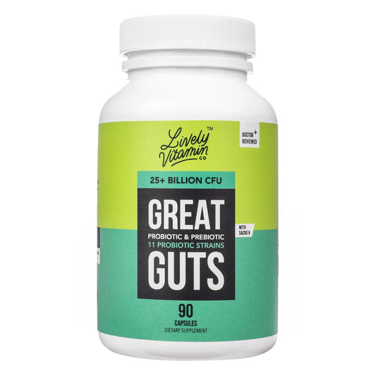 LIVELY VITAMIN CO. Great Guts Probiotic - 25 Billion CFU Probiotic - Balance Gut Microbiome, GI Tract, Inflammation, Indigestion, Reflux, Upset Stomach, & Diarrhea - 90 Caps LIVELY VITAMIN COAu supplements