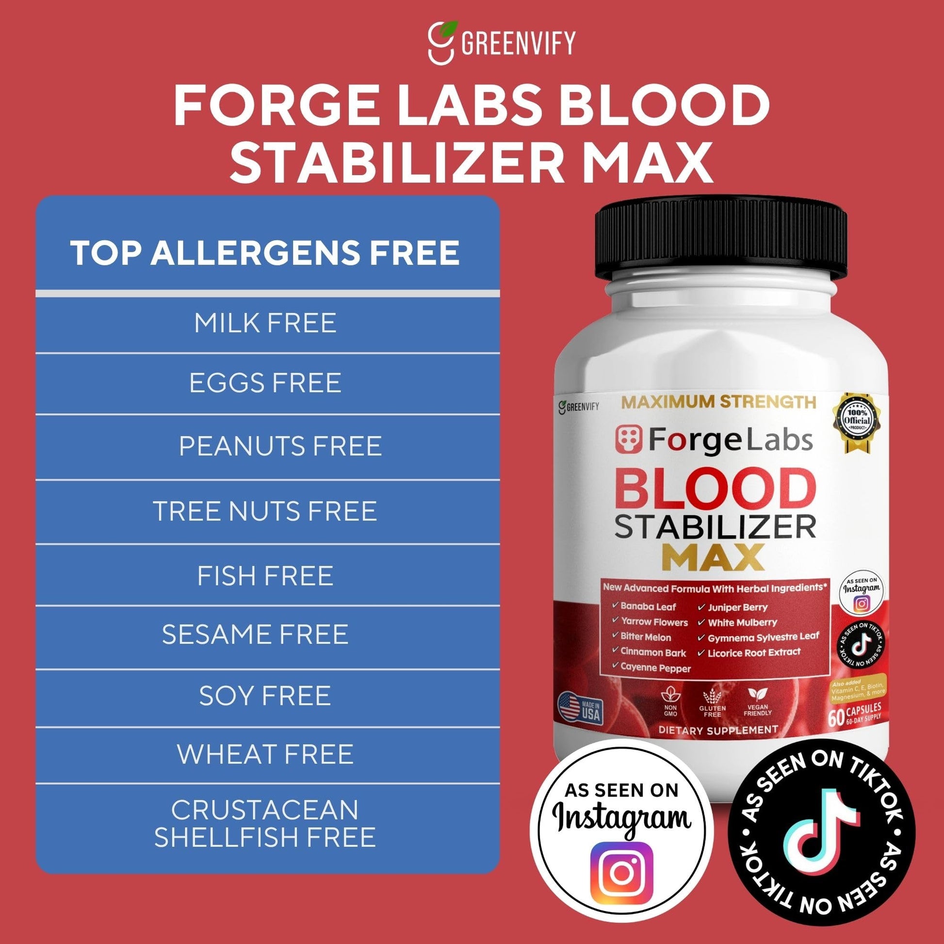 GREENVIFY ForgeLabs Blood Stabilizer Max, Maximum Strength Dietary Supplement, 60 Veggie Capsules, with Banaba Leaf, Juniper Berry, White Mulberry. (1) GREENVIFY Au supplements
