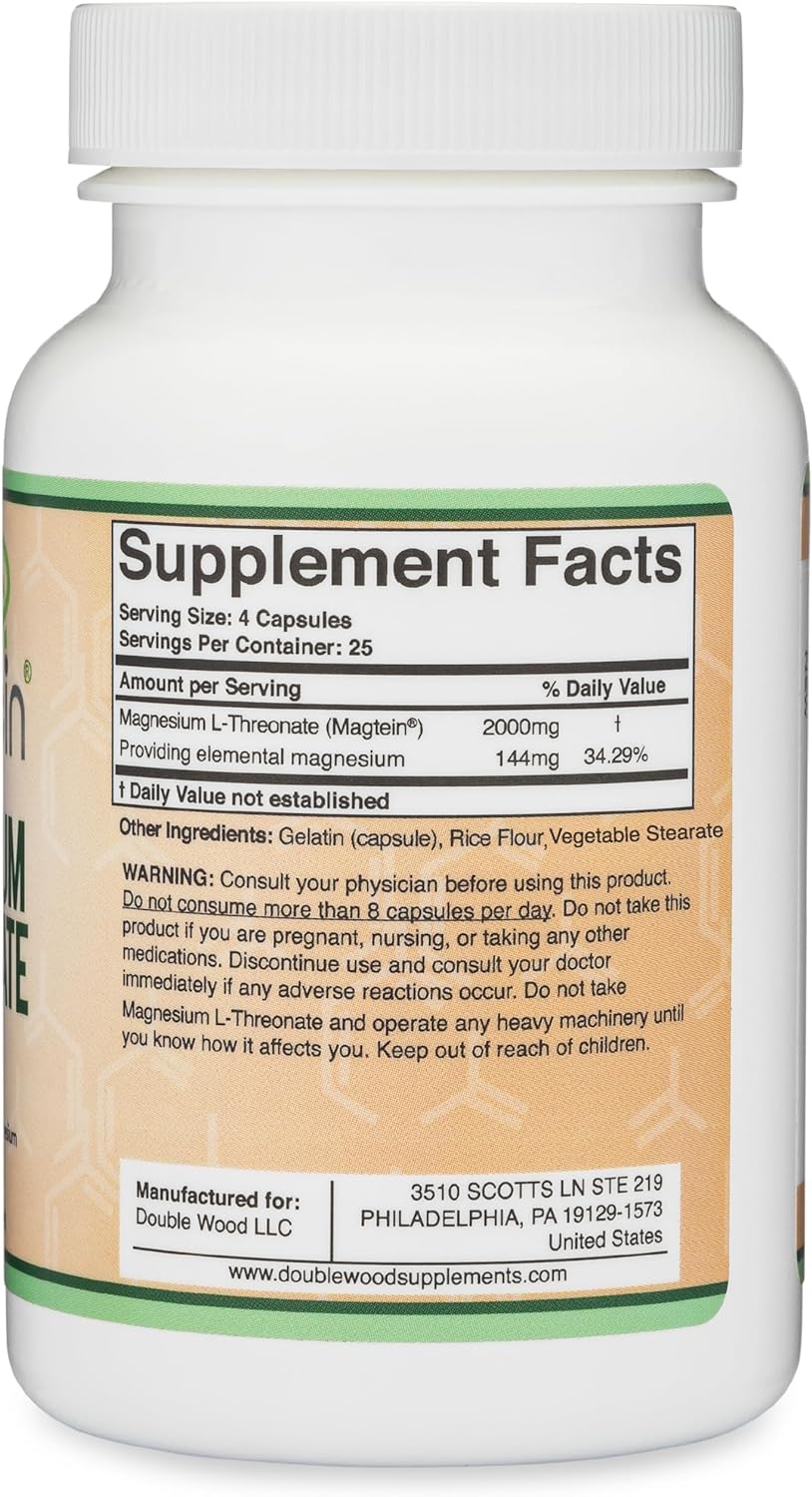 Magnesium L Threonate, Magtein - NSF Certified - Sleep and Cognitive Support – High Absorption – Most Bioavailable Form of Magnesium – 2,000 mg – 120 Capsules Double Wood Supplements Au supplements