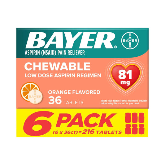 Bayer Aspirin Low Dose 81 mg Chewable Tablets, Pain Reliever, Orange Flavored, 216 Tablets (6 Pack) BayerAU supplements