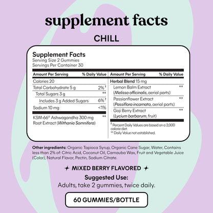 Lemme Chill Stress Relief Gummies with 300mg KSM-66 Ashwagandha, Lemon Balm, Passionflower & Goji to Support Relaxation, Healthy Cortisol & Sleep - Gluten-Free, Non-GMO, Mixed Berry (60 Count) LemmeUS supplements