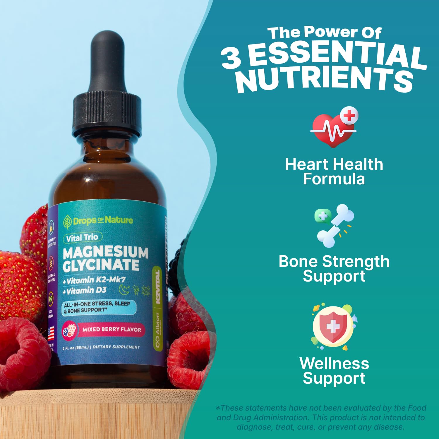 Magnesium Glycinate, Vitamin K2 & D3 Supplement – GMO-Free – VIT D MK7 K2 Vitamin Supplement & Magnesium Blend – with Nutrients for Bone Nutrition & Cardiovascular Function (Mixed Berry, 60 mL) Drops Of Nature Au supplements